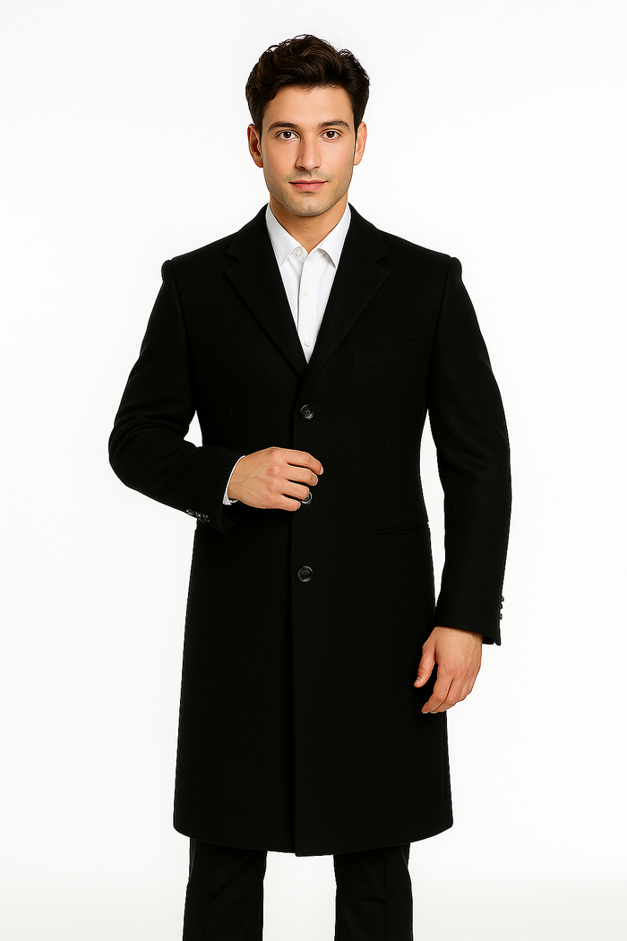 Men's Black Wool Overcoat â€“ 3 Button Ankle Length Winter Dress Coat