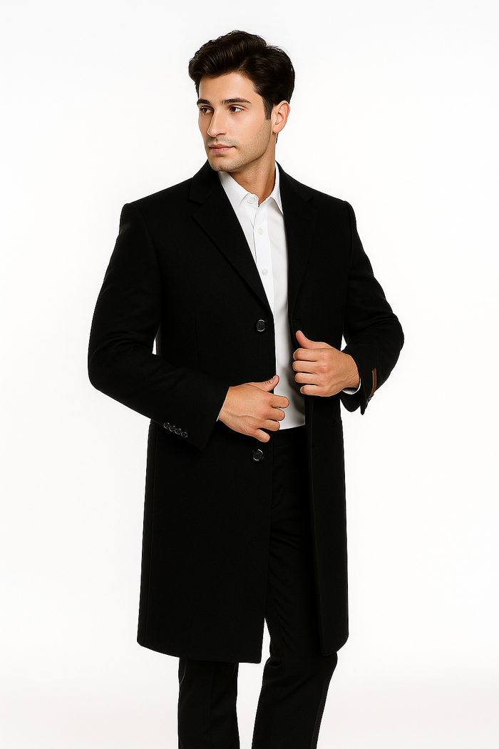 Men's Black Wool Overcoat â€“ 3 Button Ankle Length Winter Dress Coat