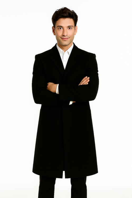 Men's Black Wool Overcoat – 3 Button Ankle Length Winter Dress Coat