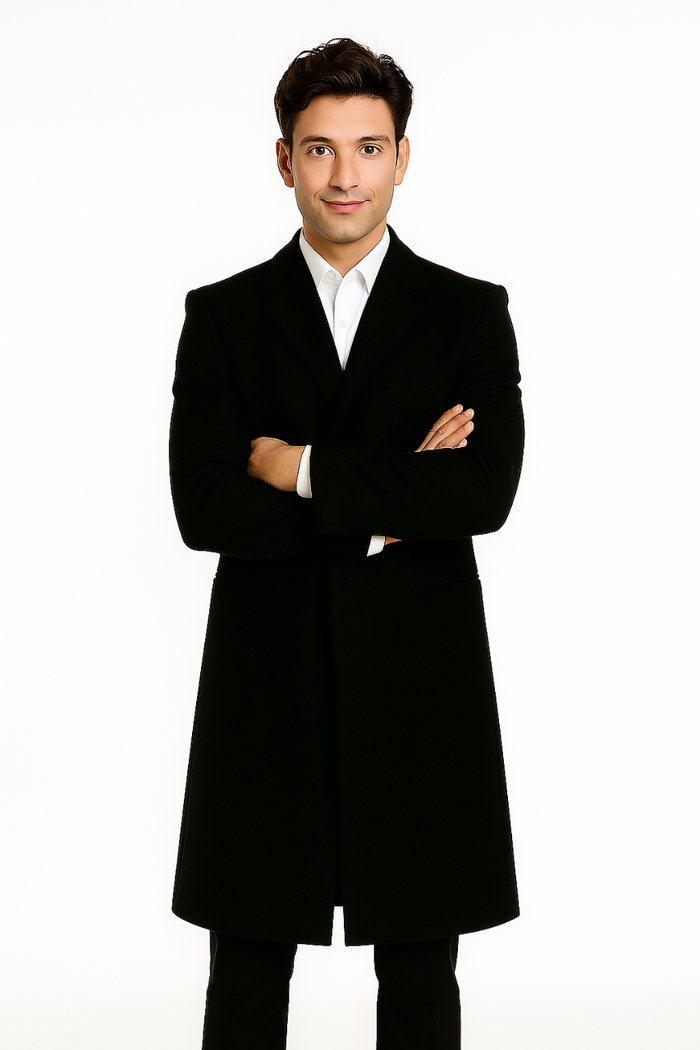 Men's Black Wool Overcoat â€“ 3 Button Ankle Length Winter Dress Coat