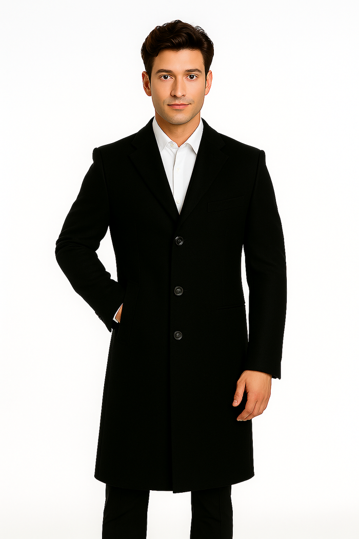 Men's Black Wool Overcoat â€“ 3 Button Ankle Length Winter Dress Coat