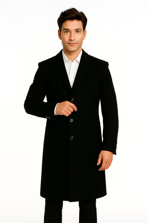 Men's Black Wool Overcoat – 3 Button Ankle Length Winter Dress Coat