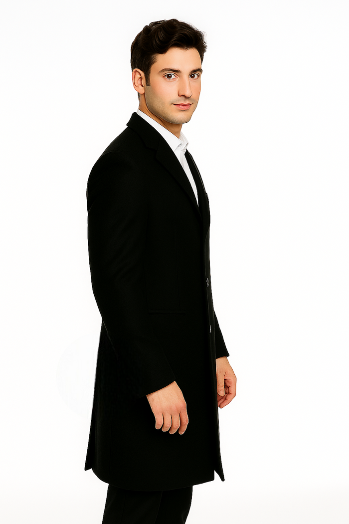 Men's Black Wool Overcoat â€“ 3 Button Ankle Length Winter Dress Coat