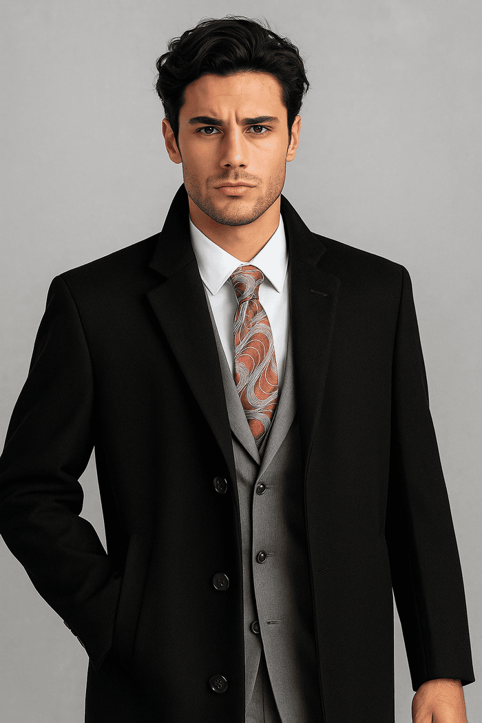 Alberto Nardoni men's black wool cashmere overcoat. Tailored silhouette, structured collar, straight cut. Soft blend with matte finish, subtle texture. Five-button front, long fitted sleeves for a sleek look.
