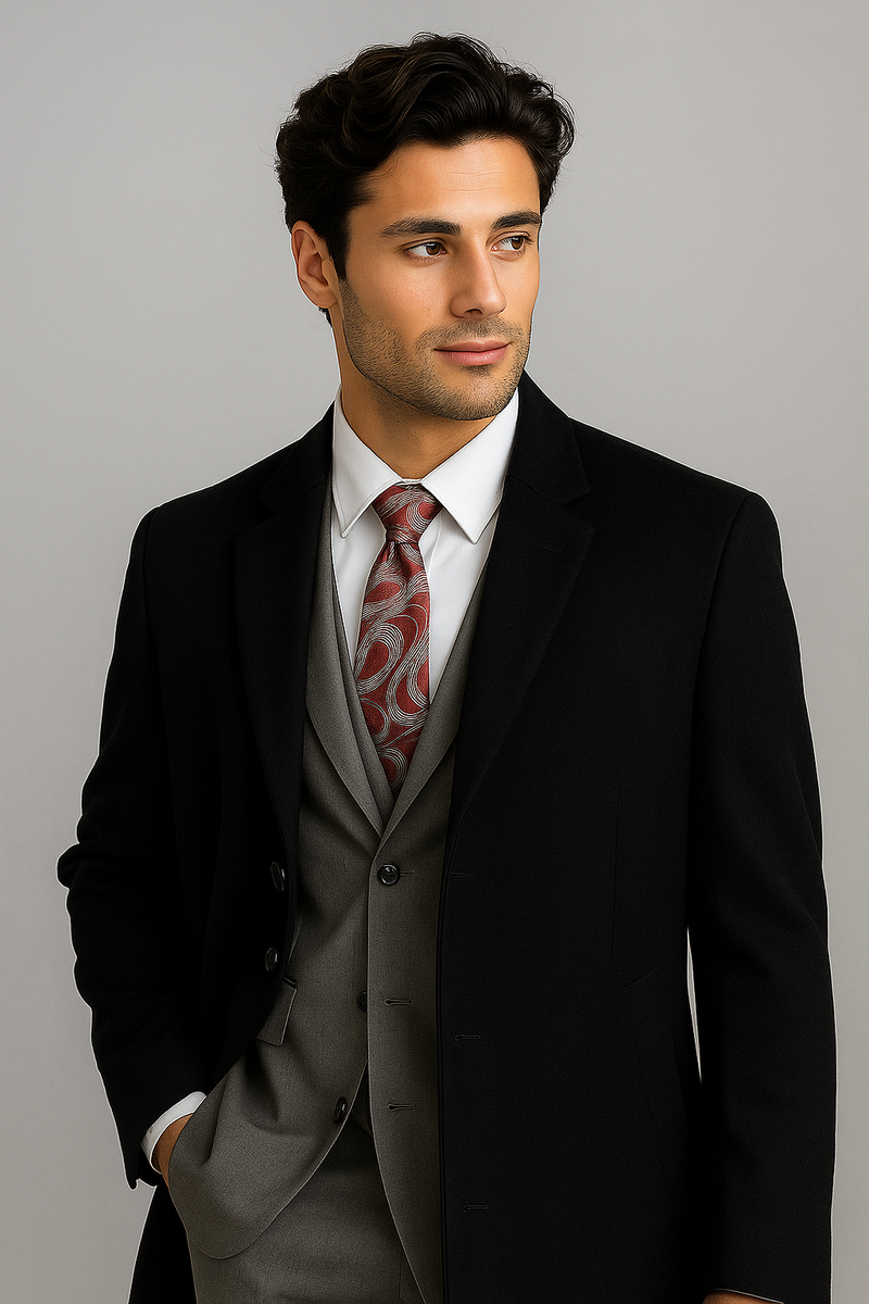 Alberto Nardoni men's black wool cashmere overcoat. Tailored, long, straight silhouette. Soft wool-cashmere blend. Notched lapel, dual pockets, three-button closure. Classic, solid black.
