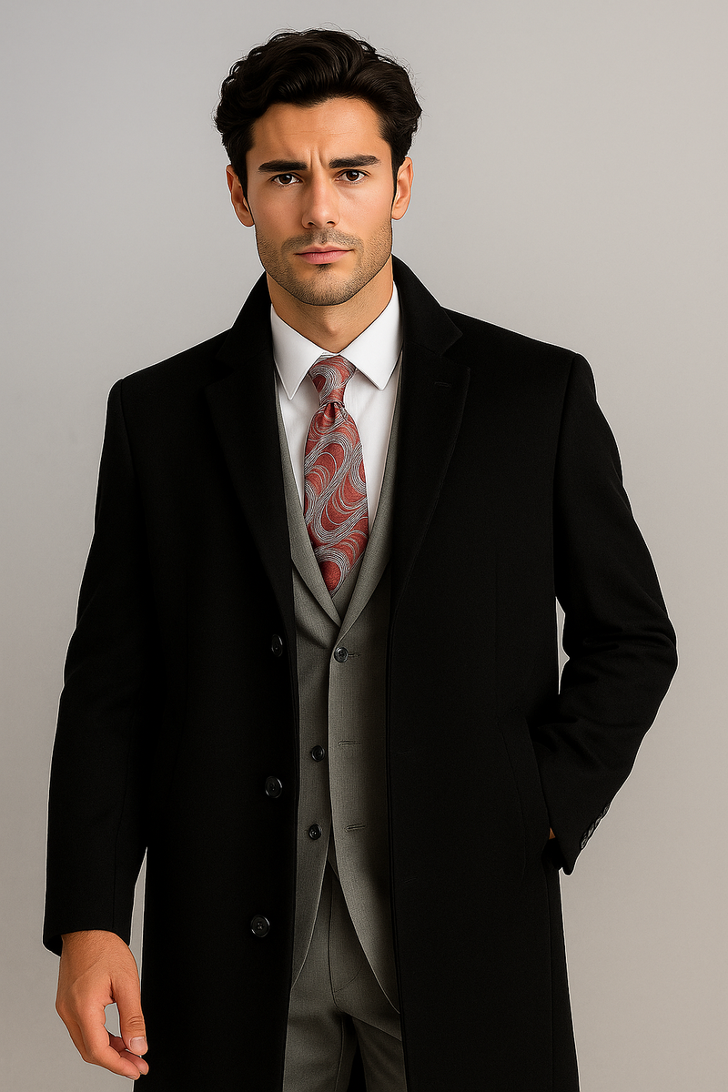 Men's black wool-cashmere overcoat. Straight silhouette, classic cut. Single-breasted with 5 buttons. Structured collar. Suitable for formal attire. Smooth, patternless finish.