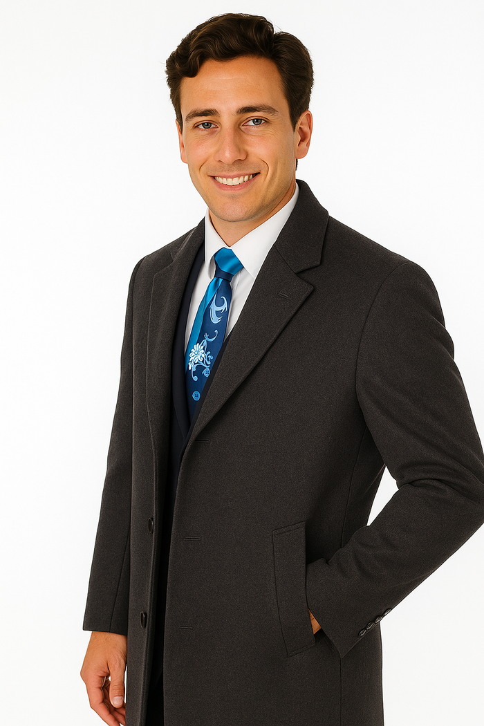 Men's charcoal grey overcoat, full-length, tailored silhouette. Features wool-cashmere blend, notch lapel, two front pockets, and single-breasted two-button closure. Offers a refined texture and rich color.
