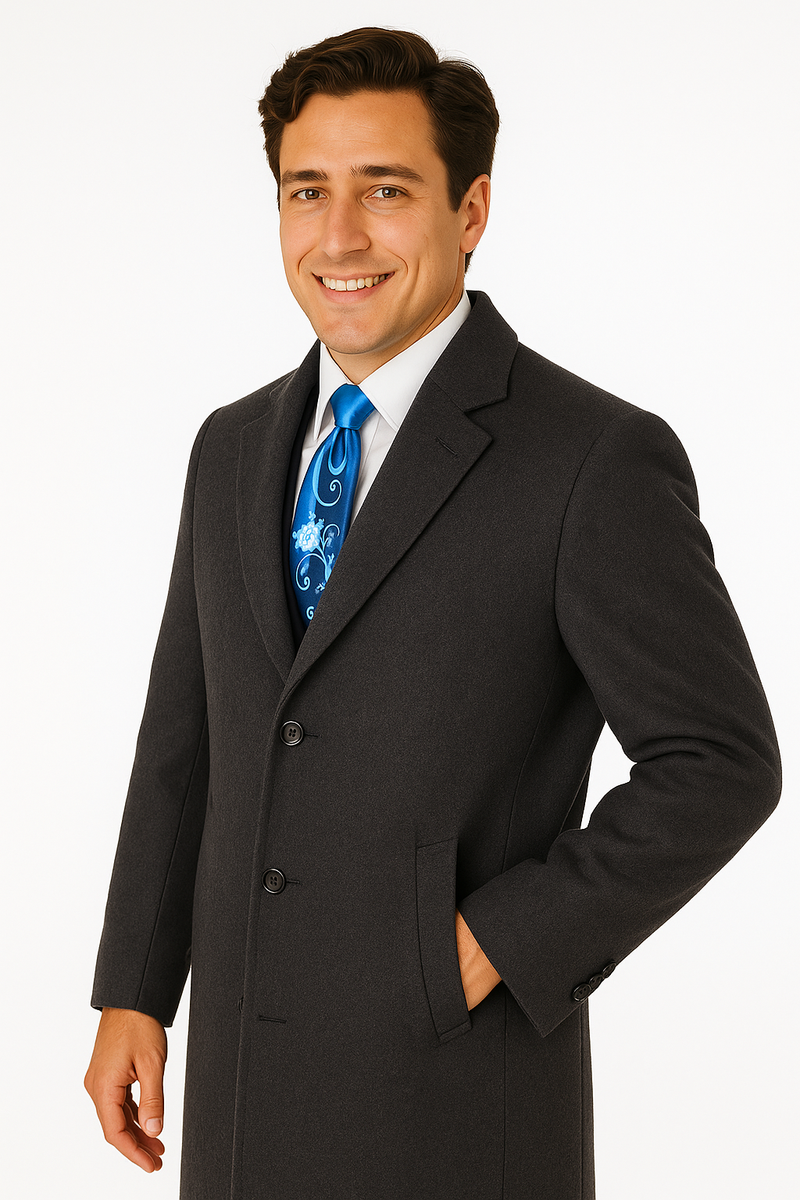 Charcoal grey men's overcoat in wool-cashmere blend. Classic full-length, straight silhouette. Notched collar, three-button closure, side pockets. Soft, smooth texture. Versatile, neutral color.
