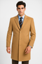 Men's camel wool-cashmere overcoat: classic full-length, straight silhouette. Warm camel color, notch lapel, 3-button closure, side pockets. Smooth, soft texture.