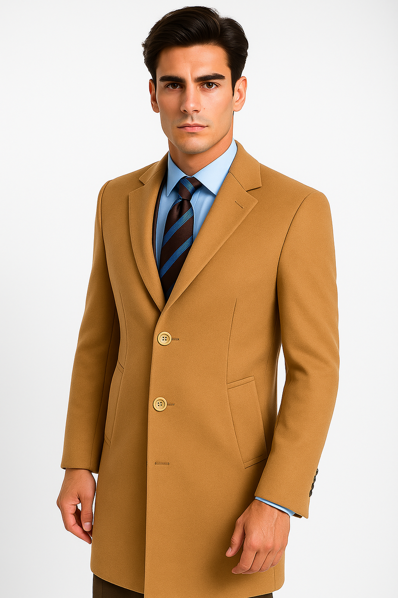 Men's camel wool-cashmere overcoat. Full-length, tailored fit, notched collar, three buttons. Warm camel color. Wool/cashmere blend. Side pockets. Smooth, polished finish.

