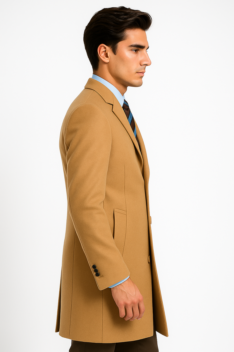 Camel wool cashmere overcoat. Full-length, single-breasted, notch lapels. Warm camel color, textured fabric. Fitted silhouette with button closure and side pockets. Minimalist design, no embellishments.
