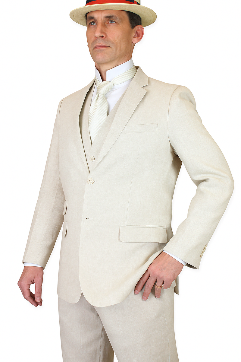 Riverdale linen coat: natural, crisp, lightweight linen. Features structured form, button closures, front pockets. Ideal for summer. Three-piece suit: matching vest, trousers. Classic lapel, refined look.
