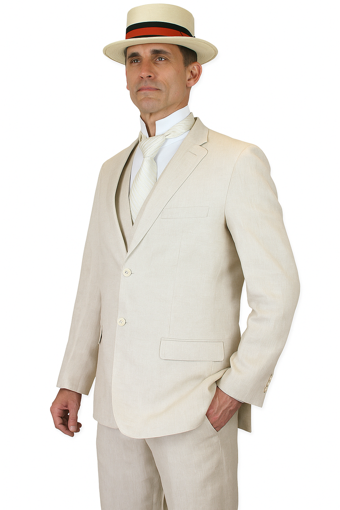 Riverdale linen suit: Natural beige, three-piece. Crisp blazer with notch lapels, single-breasted, two-button. Tailored trousers and waistcoat. Lightweight linen. Smooth texture, external/internal pockets.
