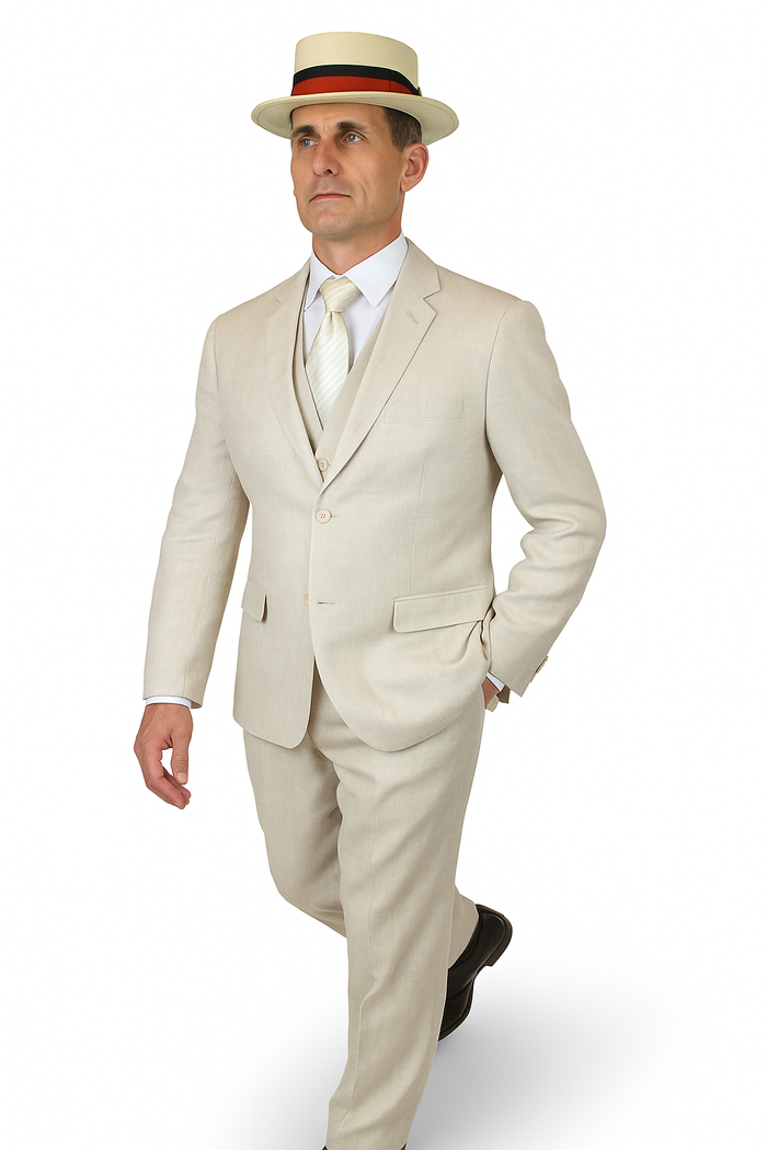 Riverdale linen suit: Double-breasted jacket, trousers, and vest in natural linen. Features a notch lapel, flap pockets, and a single-button closure. Straight-leg trousers. Styled with a tie and straw hat. Crisp texture.
