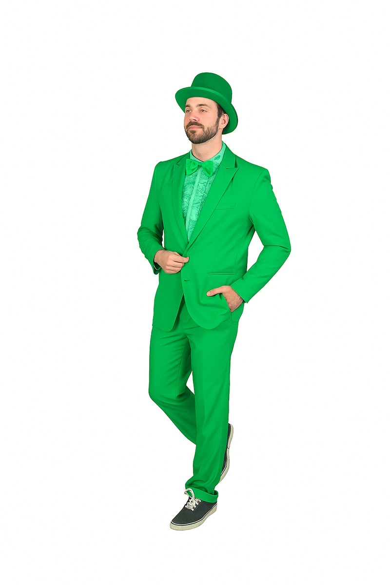 Vibrant green suit: fitted blazer & trousers, patterned button-up shirt, matching top hat. Smooth, solid fabric. Creates a striking, polished look.

