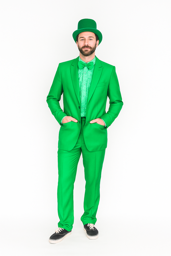 Vibrant green suit with slim blazer and flat-front pants. Matching hat, patterned shirt, and bow tie complete the look.
