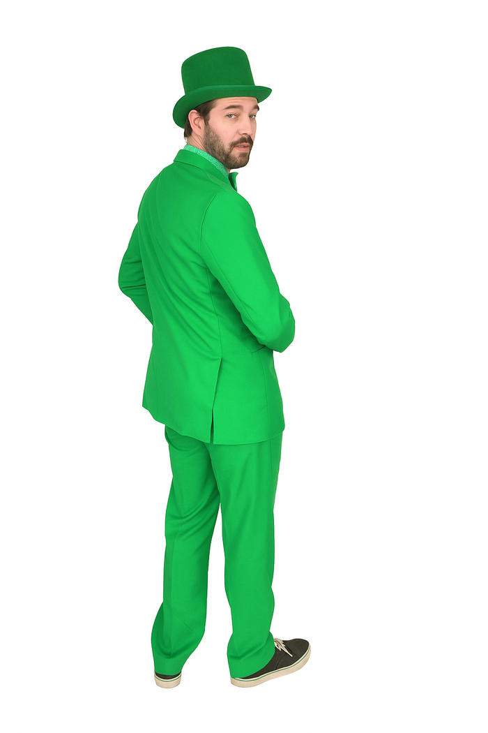Emerald green costume suit with top hat. Tailored jacket, straight-leg trousers. Smooth, uniform fabric. Wide-brimmed hat, slightly raised crown.
