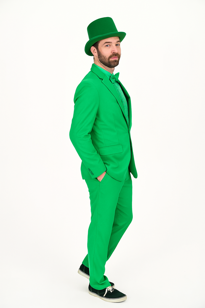 Vibrant green suit with a tailored fit, matching top hat. Smooth, structured material. Includes bow tie and patterned shirt accessories.
