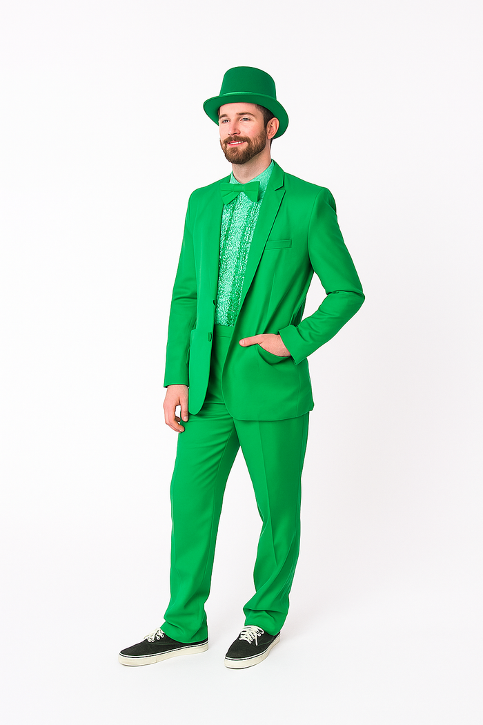 Vibrant green suit: fitted blazer, matching trousers, and hat. Textured green shirt underneath. Stylish and coordinated, offering a bold, monochromatic look.
