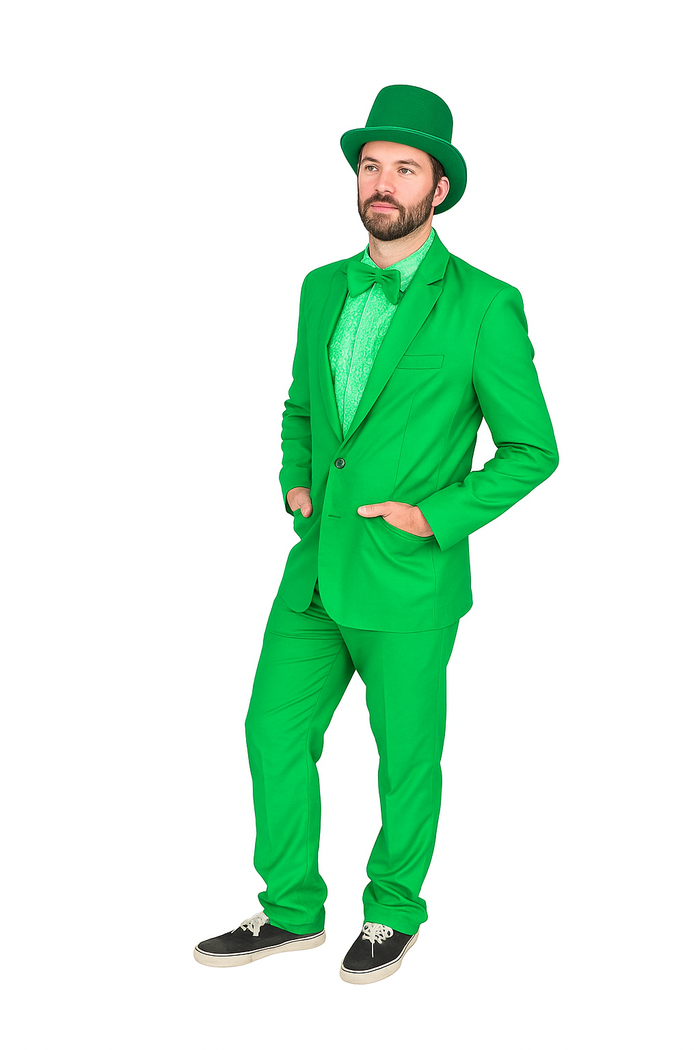 Emerald green suit: single-button jacket, flat-front trousers, and top hat. Smooth, patternless fabric. A vibrant, classic look.
