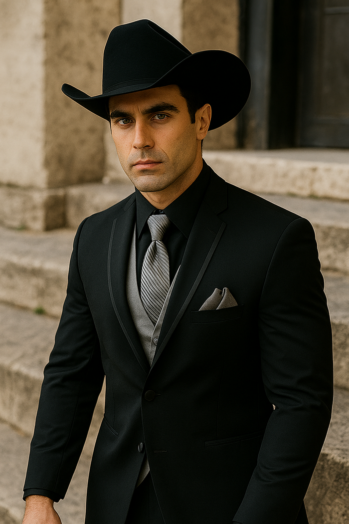 Men's black western tuxedo: fitted jacket with satin lapels, silver vest & tie. Cowboy hat completes the western look.

