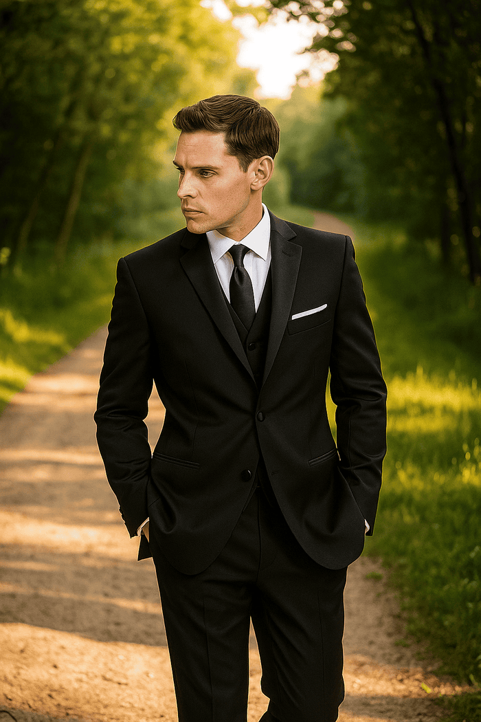 Alberto Nardoni Mantoni black wool tuxedo. Slim fit, 2-button jacket with notch lapels, breast/flap pockets, and white pocket square. Straight-leg trousers. Classic, formal, monochromatic design.