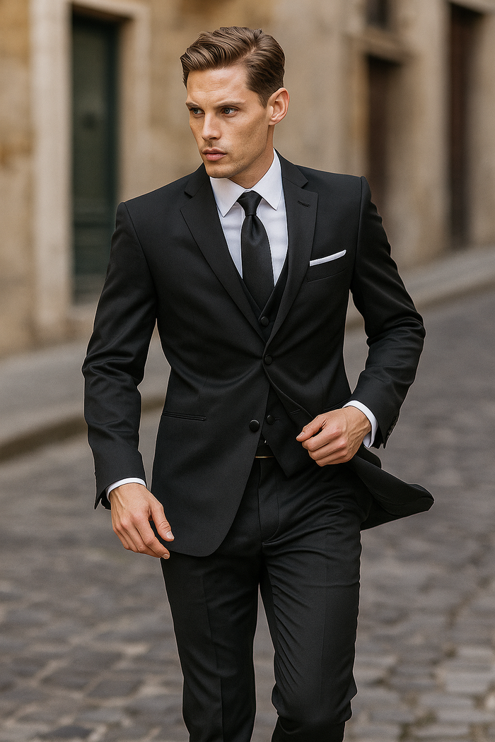 Alberto Nardoni Mantoni black wool tuxedo. Fitted, two-button front. Black wool with notch lapels, single breast pocket (handkerchief visible). Tailored trousers complete the formal, elegant look.
