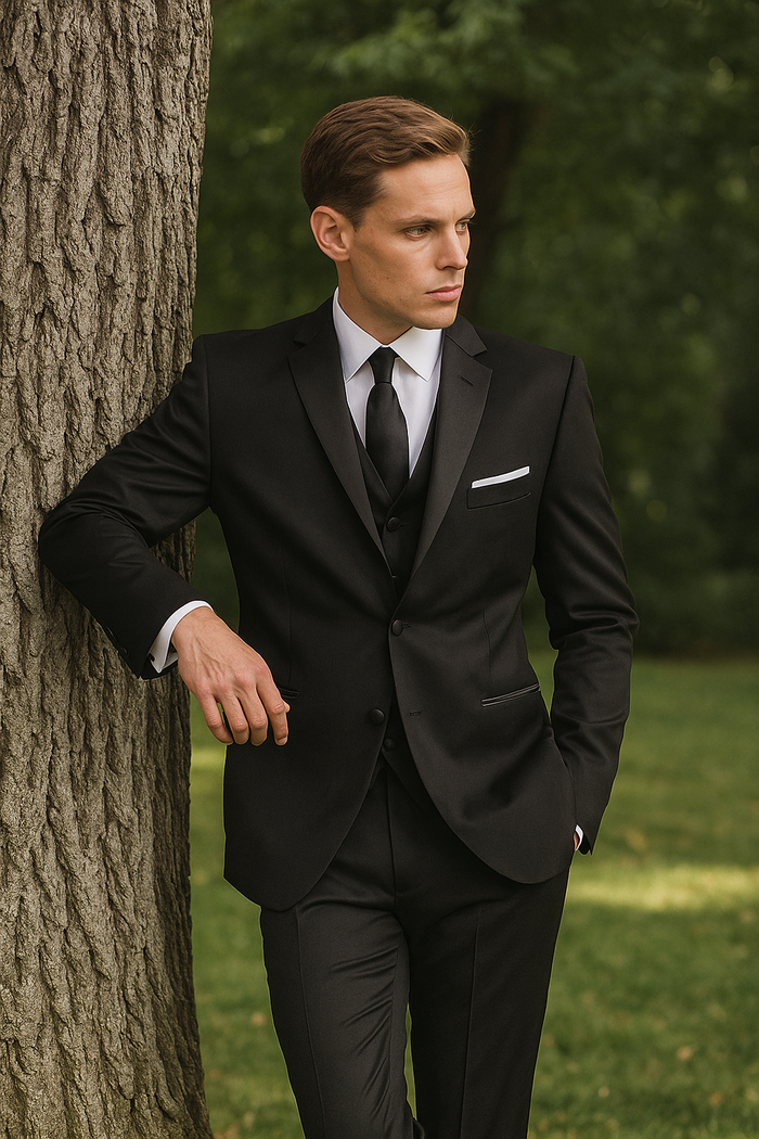 Alberto Nardoni Mantoni black wool tuxedo. 2-button, 2-piece. Tailored jacket, stepped lapel, narrow-trim pockets. Straight-cut trousers. Includes white shirt, black tie. Classic silhouette, smooth finish.