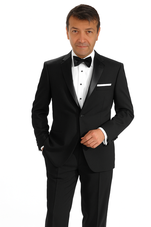Alberto Nardoni Mantoni 140s tuxedo. Single-breasted, black wool with satin lapel. Classic fit, includes pocket square, white shirt, and black bow tie. Straight-cut trousers.
