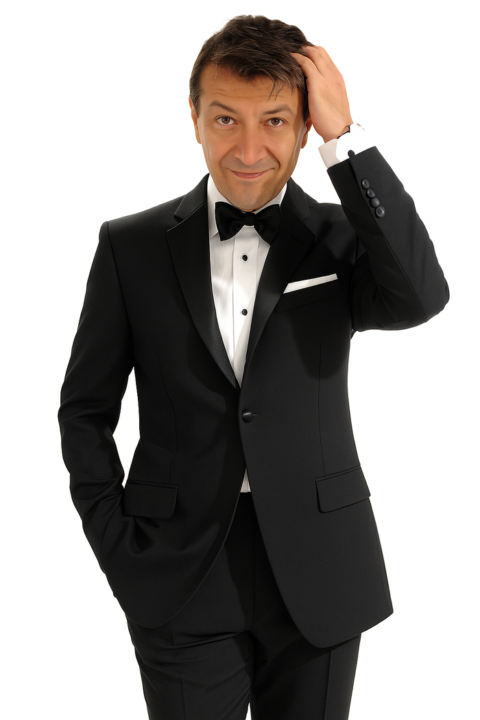 Alberto Nardoni Mantoni 140s black tuxedo. Wool fabric, single-button closure, satin lapels. Includes flap pockets, white pocket square. Classic design: bow tie, white dress shirt.