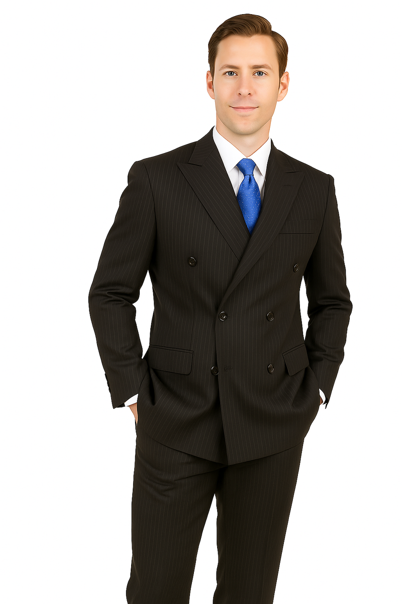 Giorgio Fiorelli double-breasted black stripe suit. Tailored design, structured form, formal aesthetic. Dark fabric with vertical pinstripes. Double-breasted jacket with pockets. Fitted pants.
