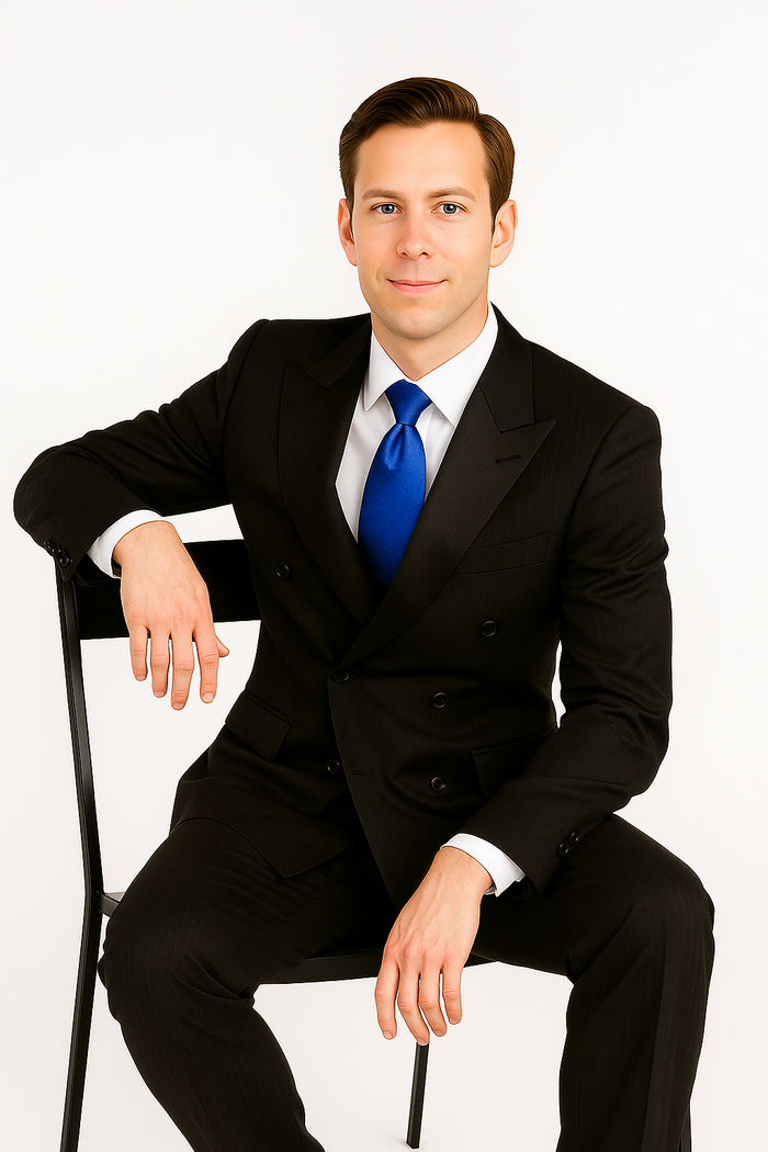 Giorgio Fiorelli double-breasted black stripe suit. Tailored, structured silhouette. Black with subtle pinstripes. Smooth, woven fabric. Wide lapels, double-breasted buttons, two pockets. Paired with white shirt and blue tie.
