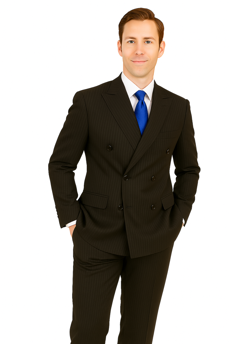 Giorgio Fiorelli black pinstripe suit. Double-breasted jacket with tailored silhouette and two rows of buttons. Smooth wool-like fabric. Matching sleek-fit trousers.
