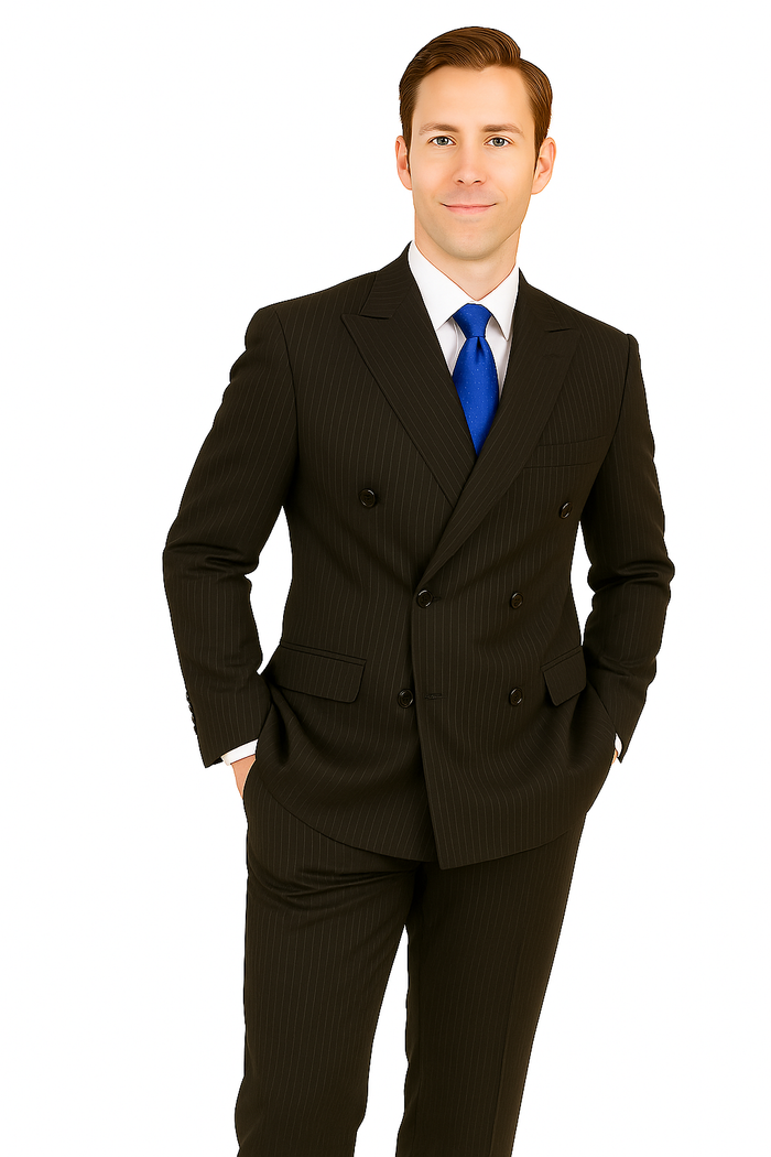 Giorgio Fiorelli black pinstripe suit. Double-breasted jacket with tailored silhouette and two rows of buttons. Smooth wool-like fabric. Matching sleek-fit trousers.
