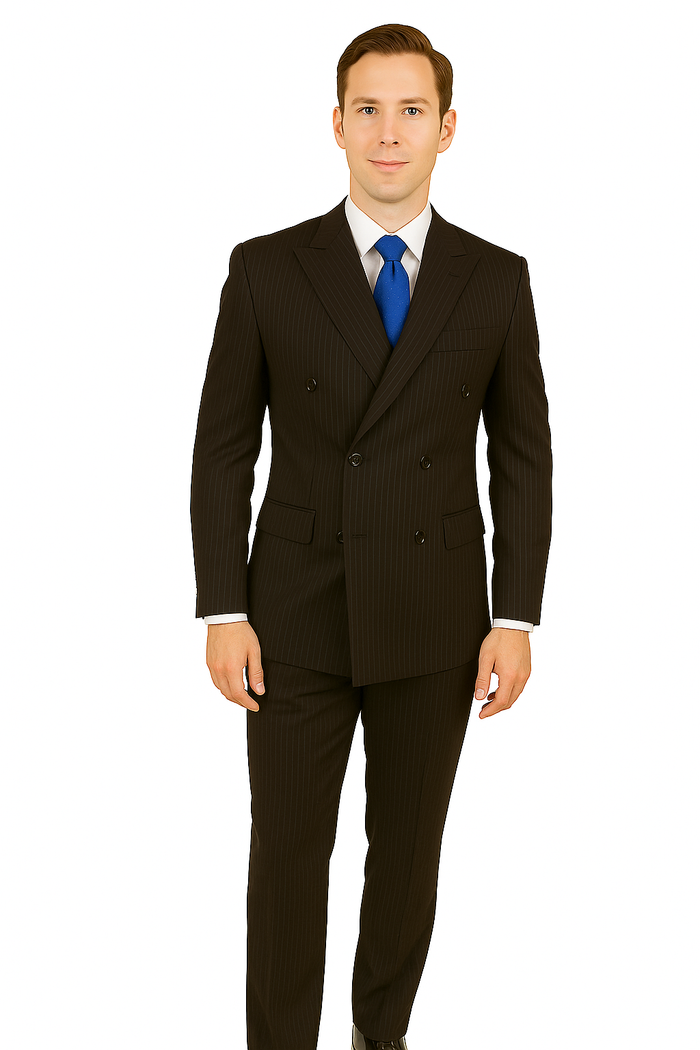 Giorgio Fiorelli black double-breasted suit with vertical stripes. Fitted silhouette, tailored lapels, two front pockets. Textured fabric, matching trousers included.
