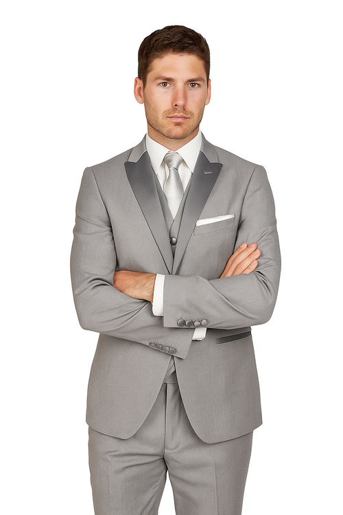Arlan 2-piece tuxedo: fitted, single-breasted, grey with light grey vest & white shirt. Satin shawl lapel, buttoned sleeves, chest pocket w/ white square, straight leg pants.