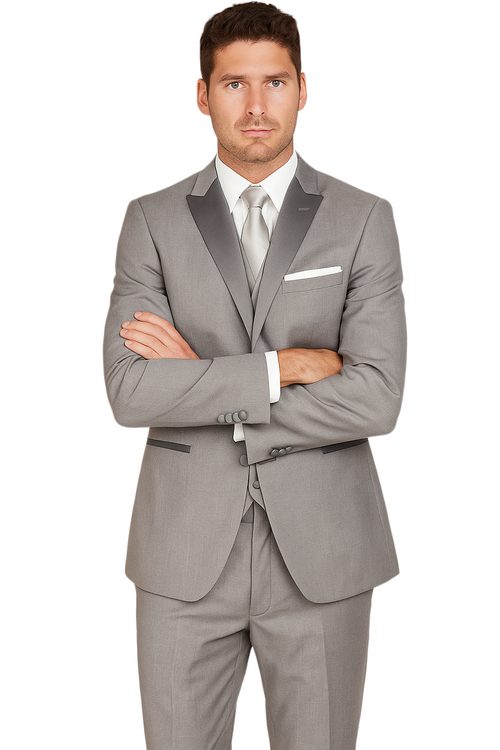 Alberto Nardoni 2pc grey tuxedo: tailored jacket with peaked lapel, single-button closure, and side pockets. Matching trousers. Smooth fabric with subtle texture.