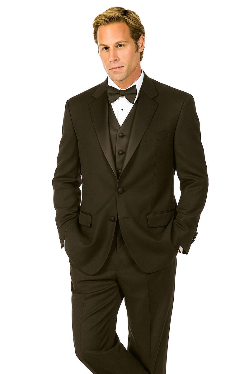 Classic black tuxedo: two-button front, adjustable fit. Satin lapel jacket, matching vest, and trousers. Perfect for formal events.
