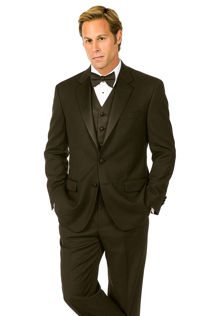 Classic black tuxedo: two-button front, adjustable fit. Satin lapel jacket, matching vest, and trousers. Perfect for formal events.

