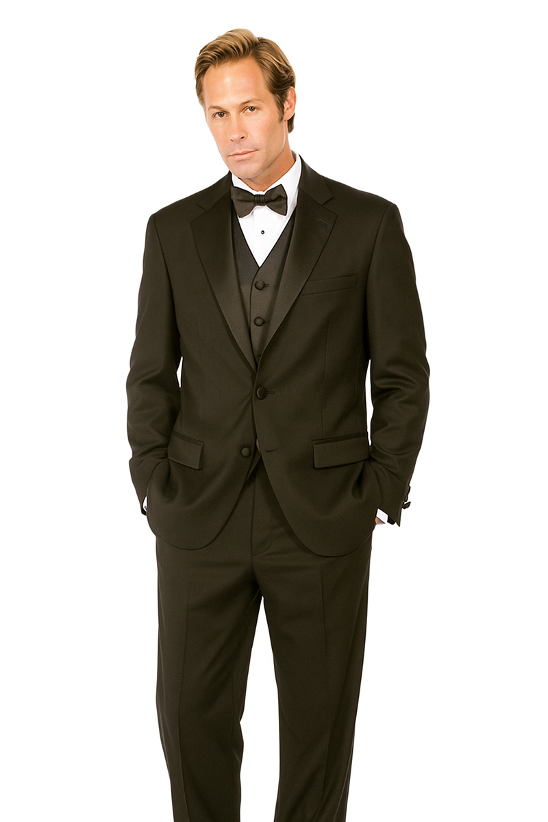 Giorgio Fiorelli's black tuxedo: two-button jacket with satin lapel, side pockets, and a classic fit. Matching vest. Straight-cut trousers, tailored for a structured, smooth appearance.
