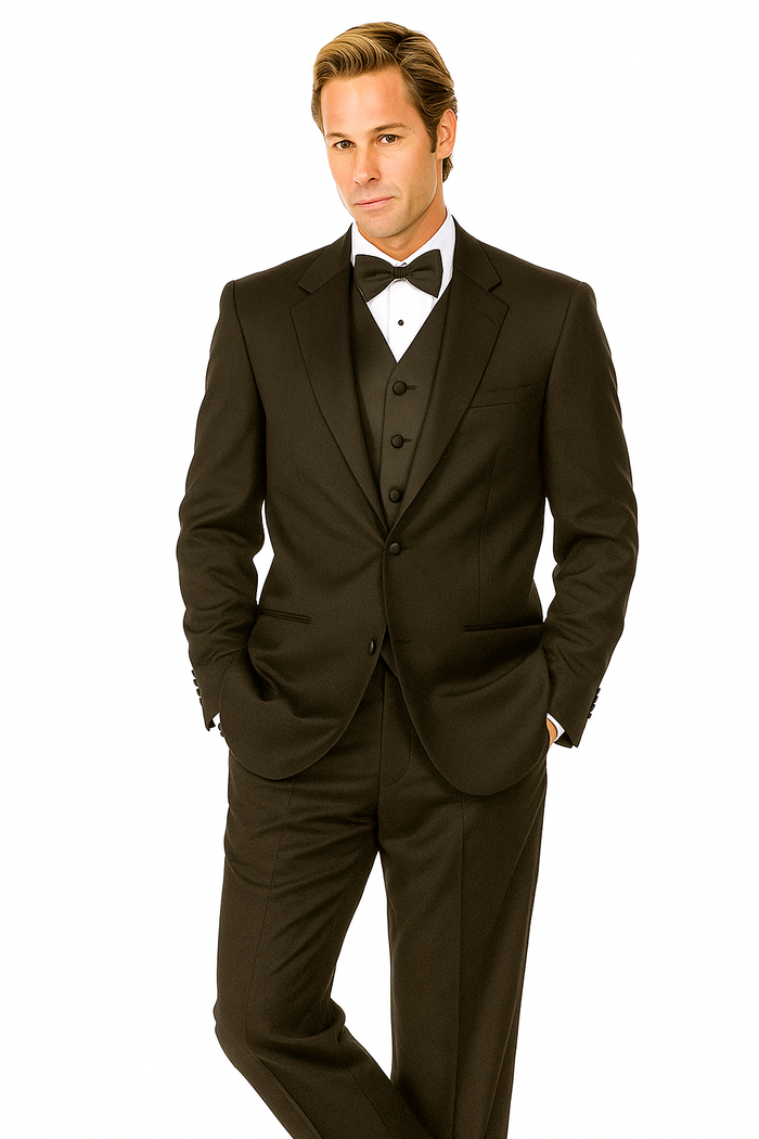 Black tuxedo with smooth fabric, two-button front, and adjustable fit. Includes a three-button vest and classic black bow tie.
