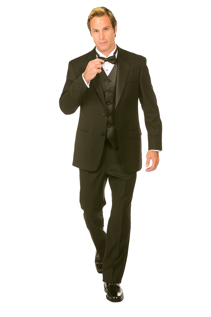 Classic black tuxedo with two-button closure and satin peak lapel. Includes matching vest and trousers in smooth fabric. Perfect for formal events.
