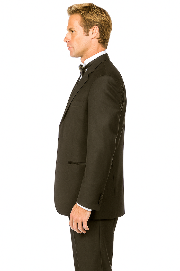 Classic black tuxedo with notched lapel. Two-button design, adjustable fit, and smooth fabric. Features flap and side pockets.
