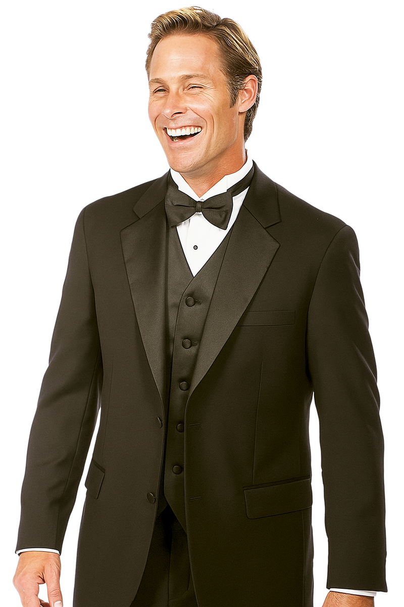 Classic black tuxedo with two-button closure, notched lapel, and vest. Smooth fabric, tailored fit. Worn with a white shirt and black bow tie.
