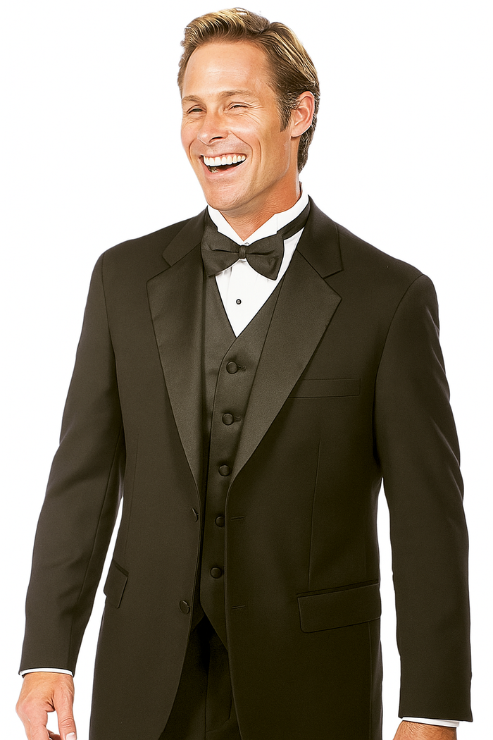 Classic black tuxedo with two-button closure, notched lapel, and vest. Smooth fabric, tailored fit. Worn with a white shirt and black bow tie.

