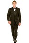 Black two-button tuxedo with smooth fabric, shawl collar, and a three-button vest. Designed for a tailored fit.
