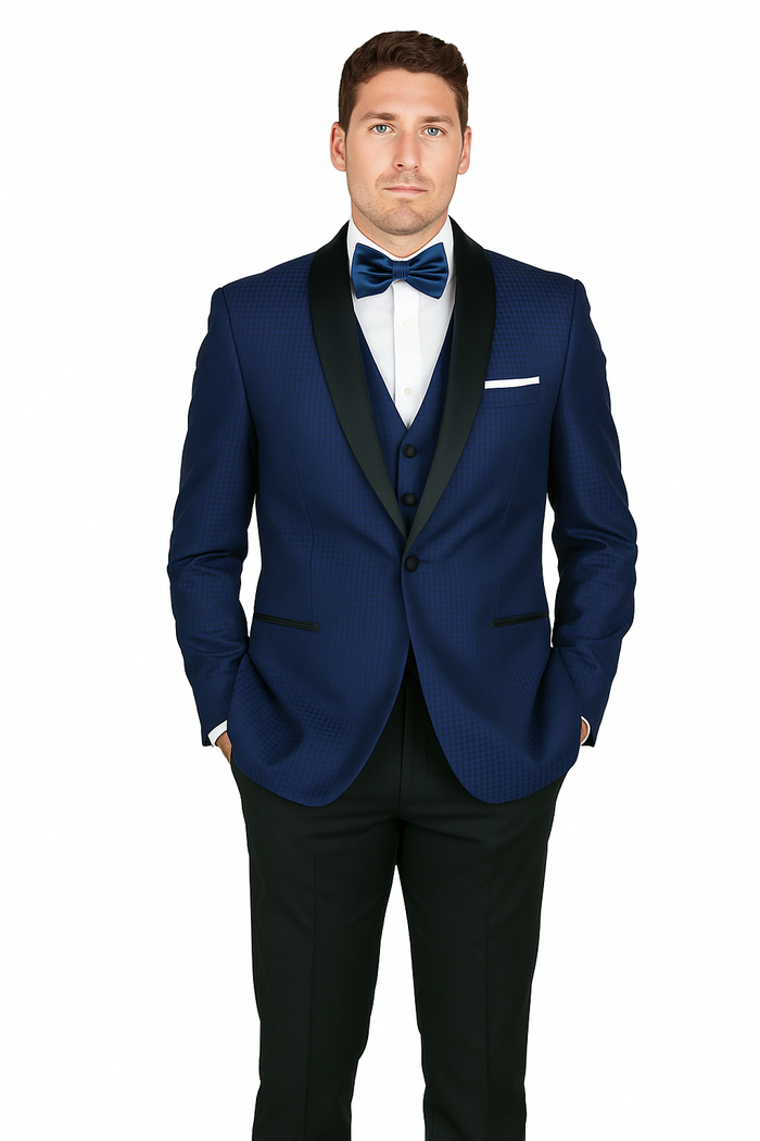 Arlan French blue tuxedo: single-button, structured fit, subtle check. Rich blue with black satin peak lapels & bow tie. Single breast pocket, two side pockets. Black tailored trousers.
