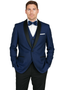 Arlan French Blue tuxedo: One-button, tailored fit. Textured blue fabric with black satin lapels. Includes two side pockets and a breast pocket.
