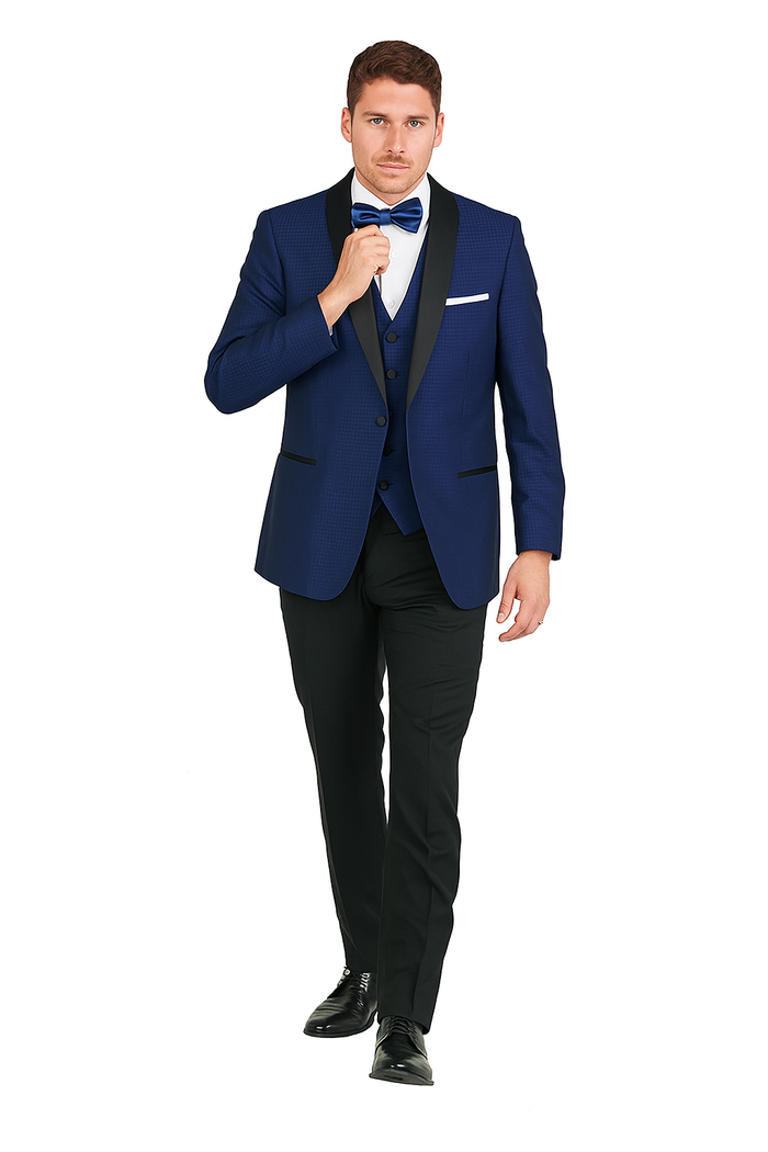 Arlan French blue tuxedo: single-button, slim fit, textured fabric. Black satin peak lapel & pocket details. Paired with black trousers for a complete formal look.
