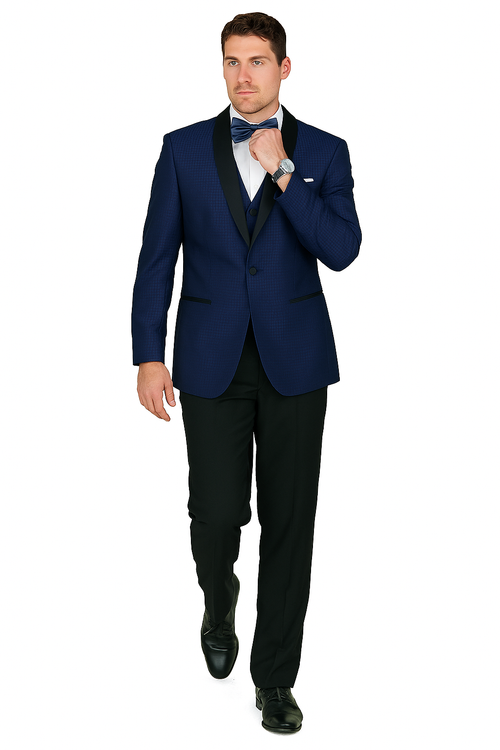 Arlan French blue tuxedo with single-button closure, textured fabric, and black satin shawl lapel. Includes black trousers and a white shirt.
